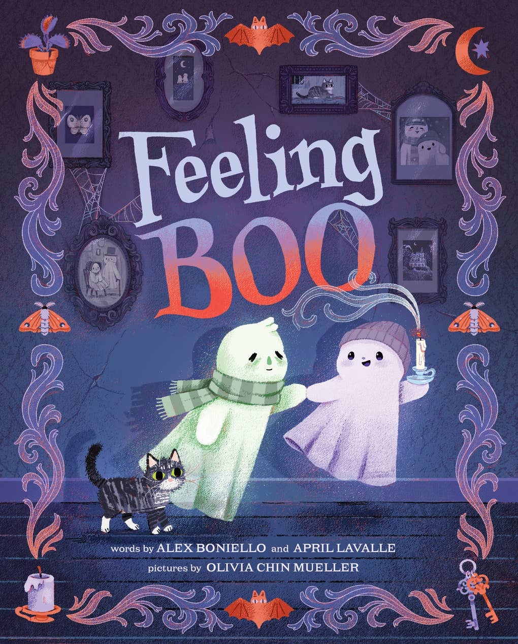 Book cover of 'Feeling Boo' with two ghosts and a cat on a dark blue background.