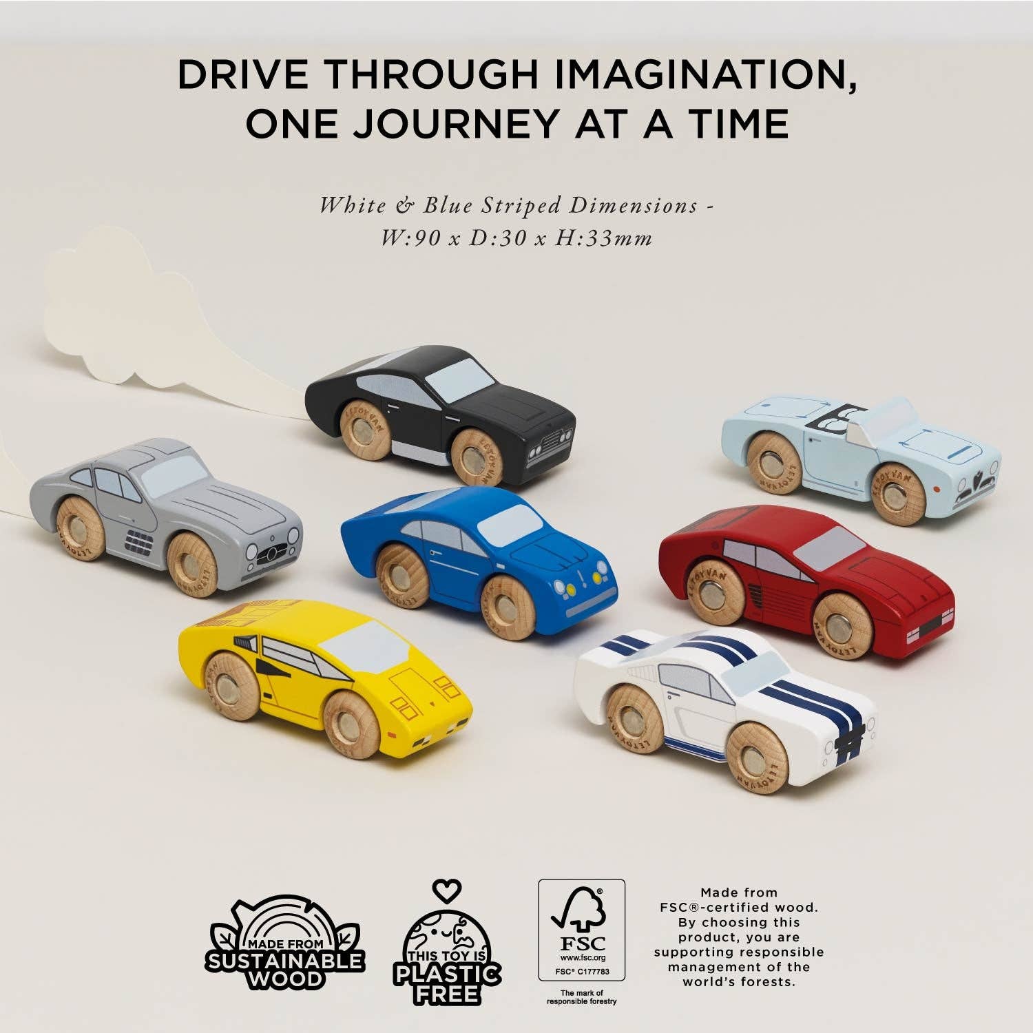Set of colorful toy cars with text about sustainability and dimensions on a light background