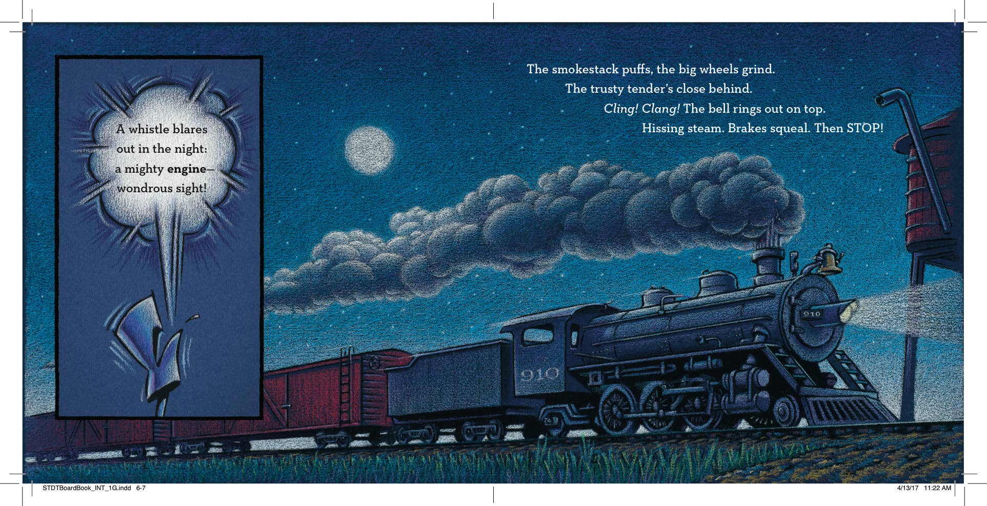 Illustration of a steam train with a moonlit sky and cloud effects.