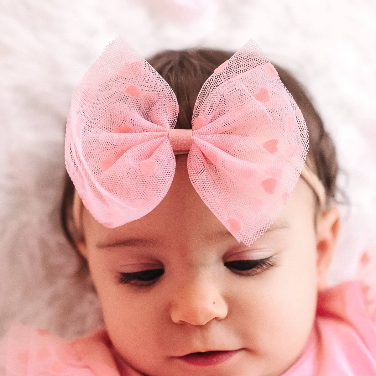 Flocked Heart Valentine's Day Tulle Bow Baby Headband - Sweet Wink Hair Accessory sold by Rosebud & Jo