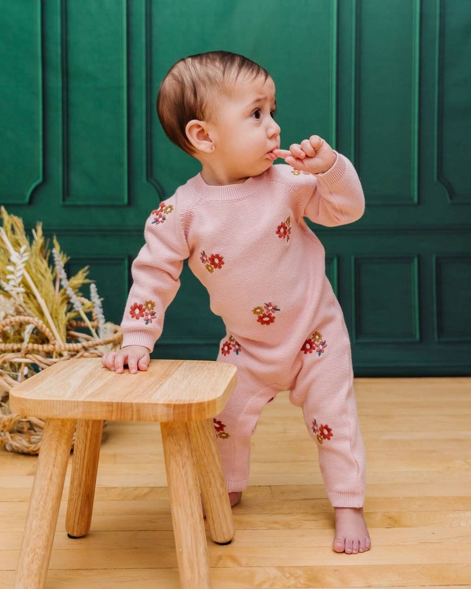 Floral Pink Organic Knit Jumpsuit - Viverano Organics Baby & Toddler Clothing sold by Rosebud & Jo