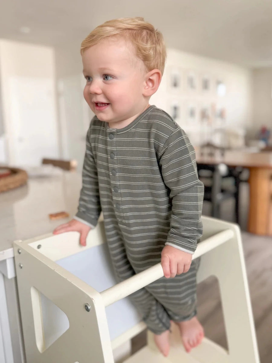 Henley Jumpsuit - Green Stripes - gunamuna Baby & Toddler Clothing sold by Rosebud & Jo