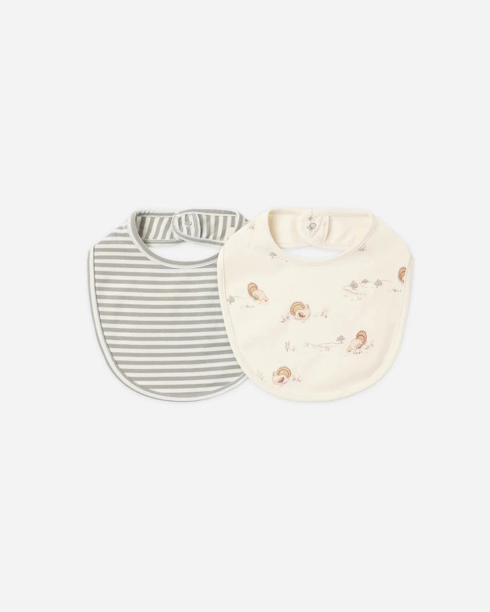 Jersey Snap Bib, 2 Pack, Laurel Stripe & Turkey Print - Quincy Mae Feeding sold by Rosebud & Jo