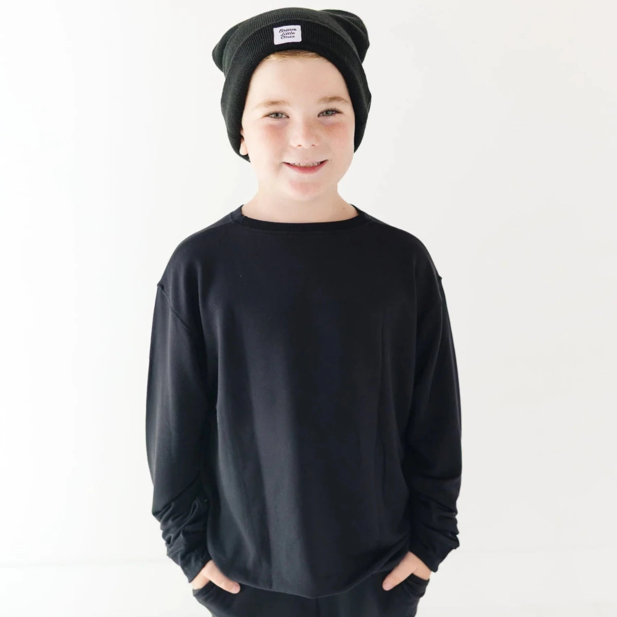 Jet Black with Brave Embroidered Bamboo French Terry Pullover - Brave Little Ones Tops sold by Rosebud & Jo
