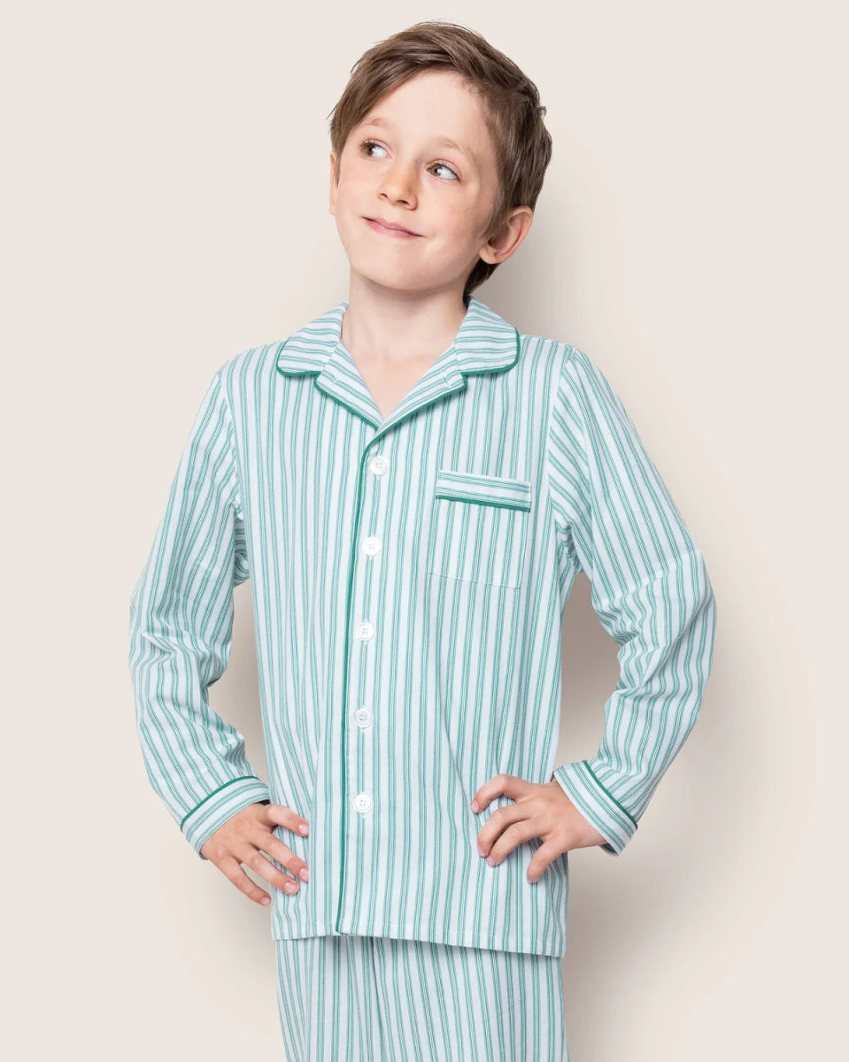 Kid's Twill Pajama Set in Emerald Ticking - Petite Plum Baby & Toddler Clothing sold by Rosebud & Jo