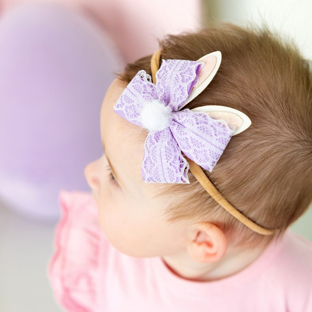 Lavender Lace Easter Bunny Bow Baby Headband - Sweet Wink Hair Accessory sold by Rosebud & Jo