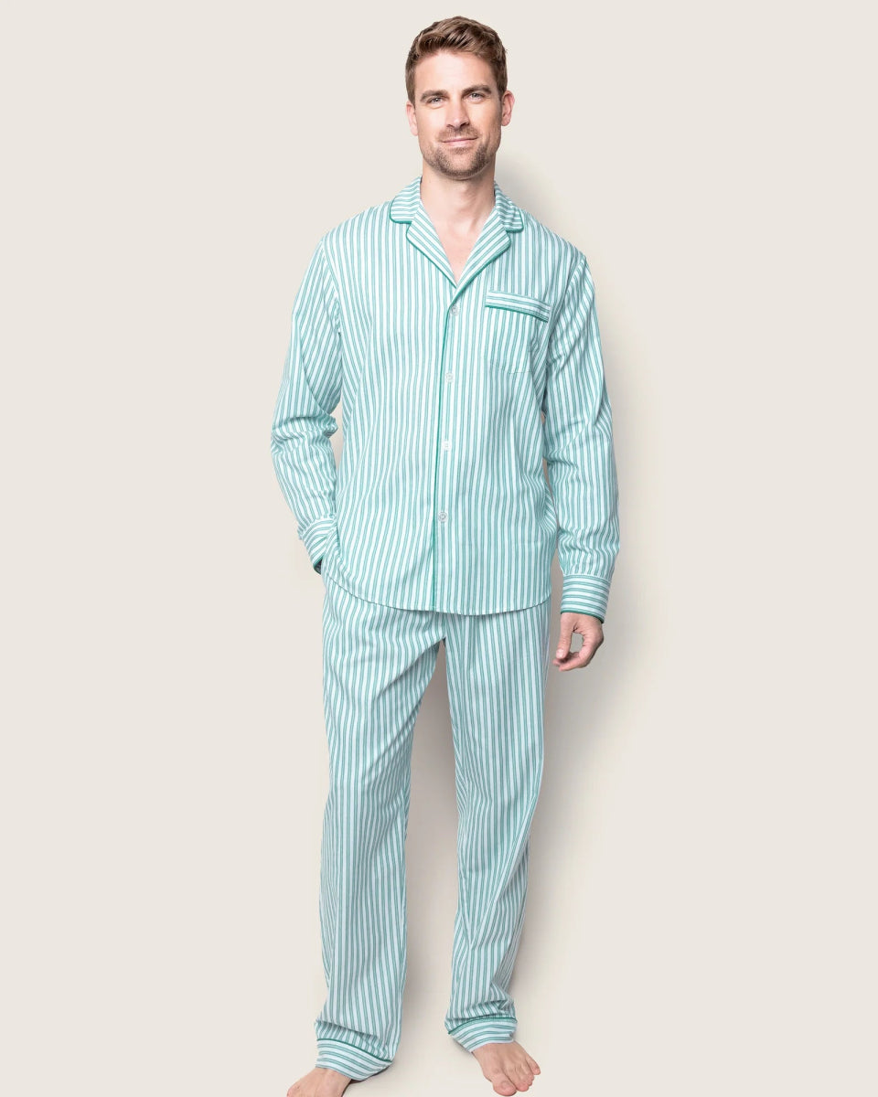 Men's Twill Pajama Set in Emerald Ticking - Petite Plume Men's Clothing sold by Rosebud & Jo
