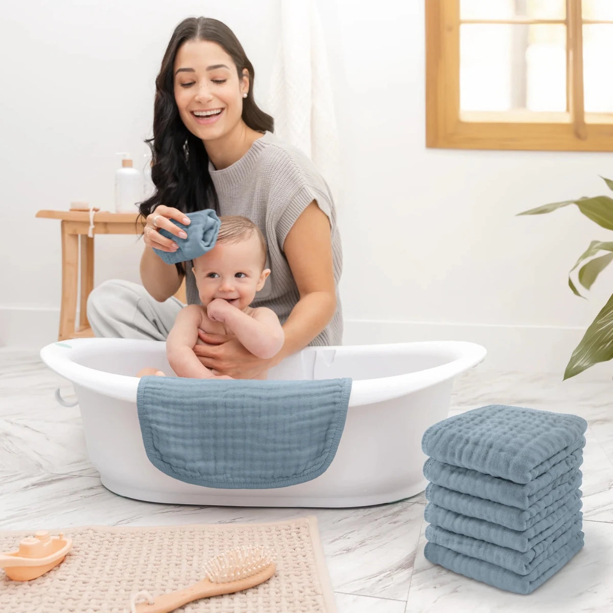 Muslin Washcloths in Pacific Blue - Pack of 6 - Comfy Cubs Bath & Care sold by Rosebud & Jo