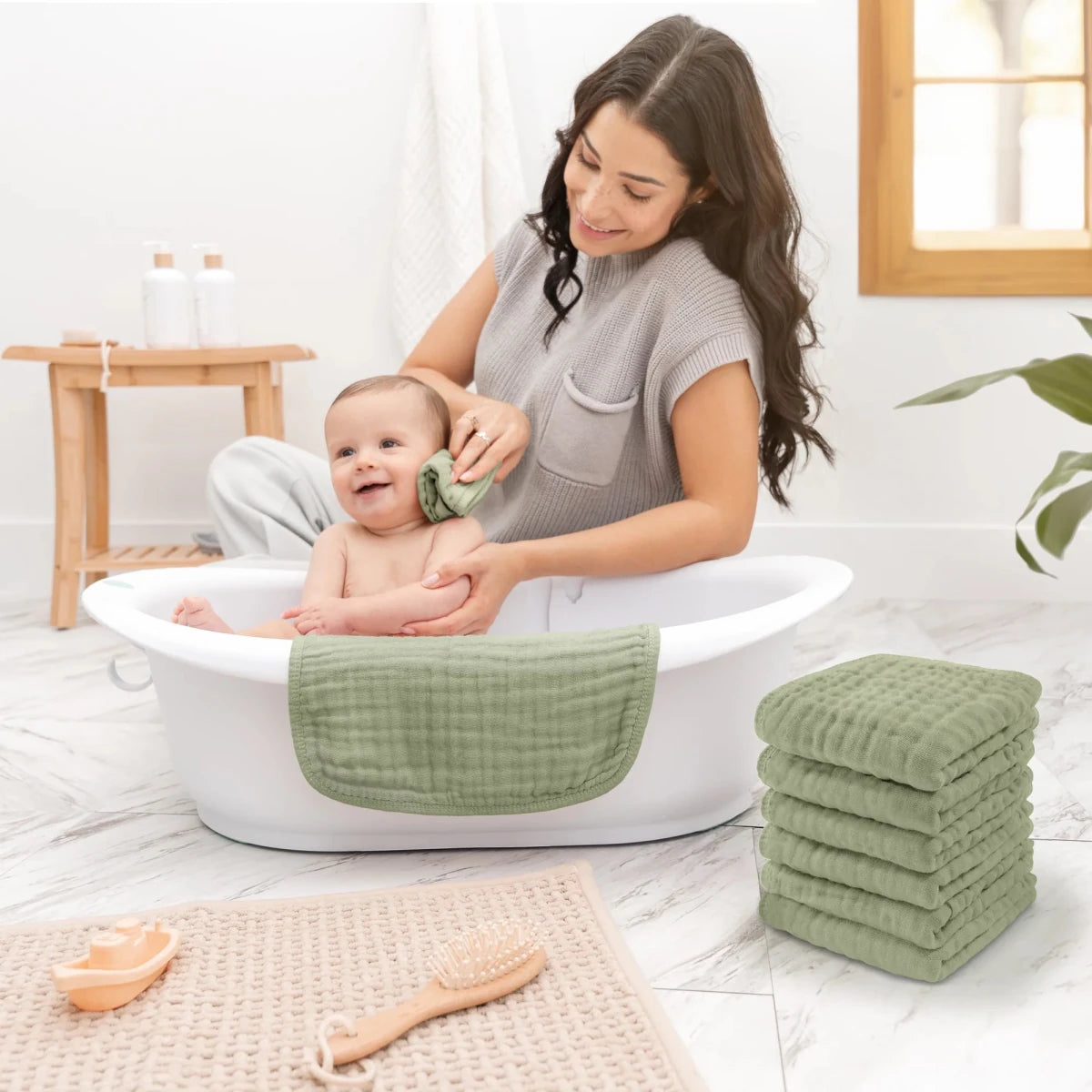 Muslin Washcloths in Sage - Pack of 6 - Comfy Cubs Bath & Care sold by Rosebud & Jo