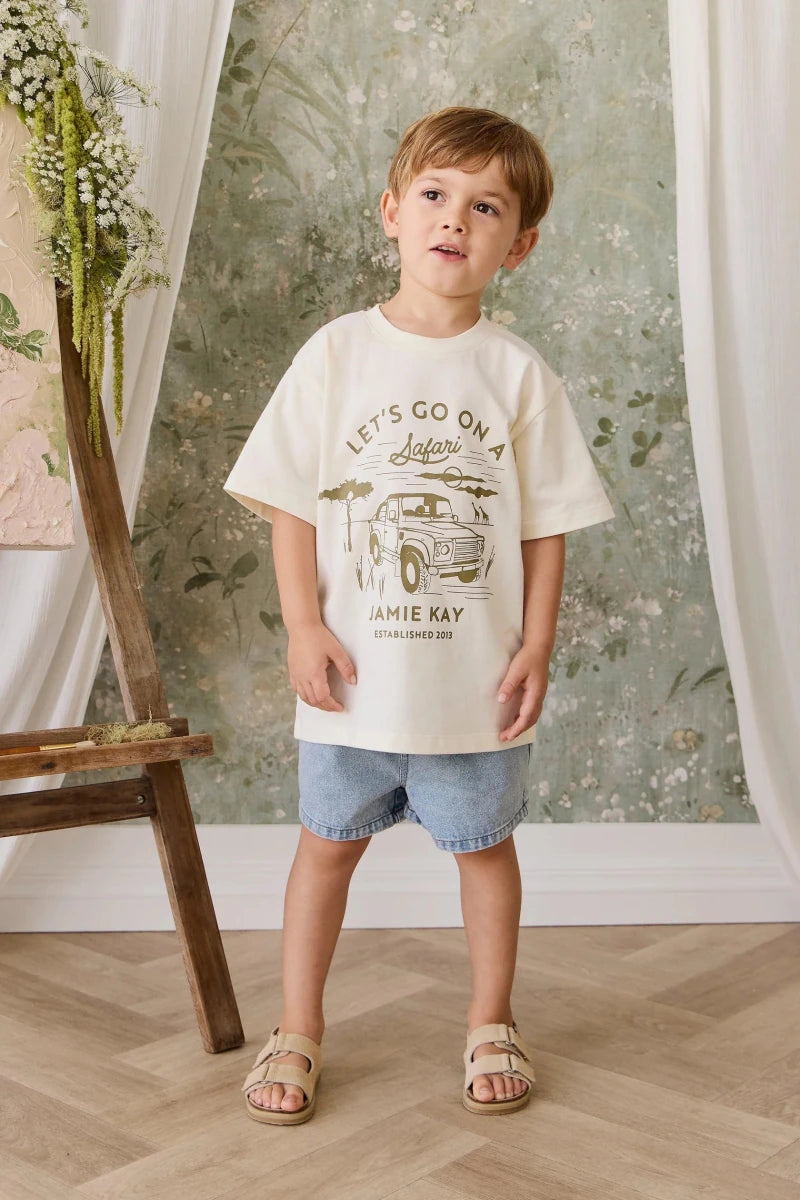 Organic Cotton Bjorn Tee - Parchment Safari Truck - Jamie Kay Tops sold by Rosebud & Jo
