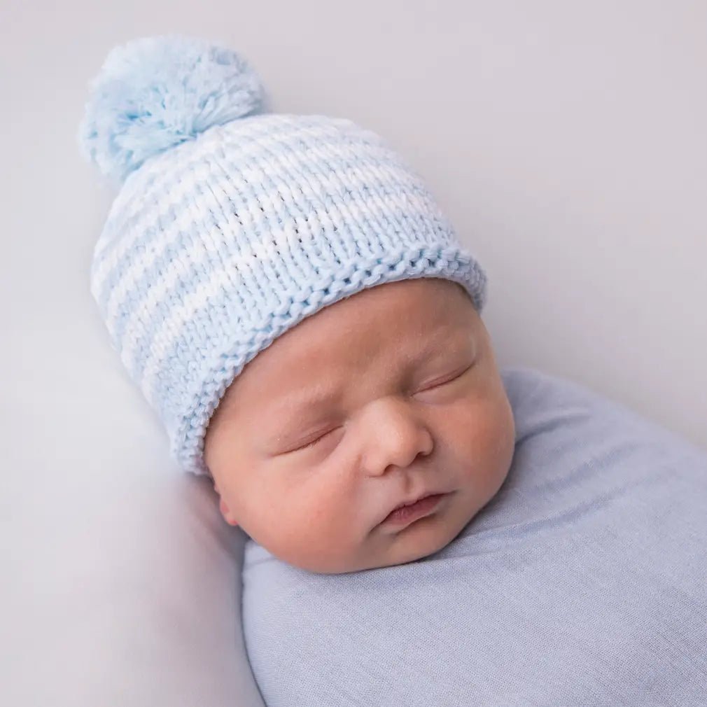 Pom Pom Stripe Knit Newborn Hat - Huggalugs Hat sold by Rosebud & Jo
