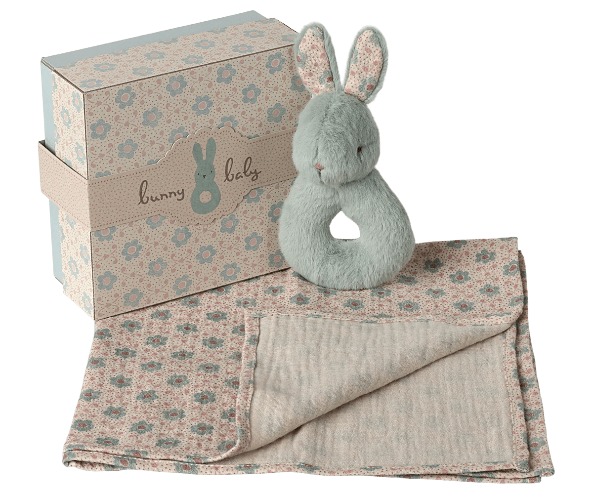 Rabbit Rattle Set in Mint - Maileg Toy sold by Rosebud & Jo