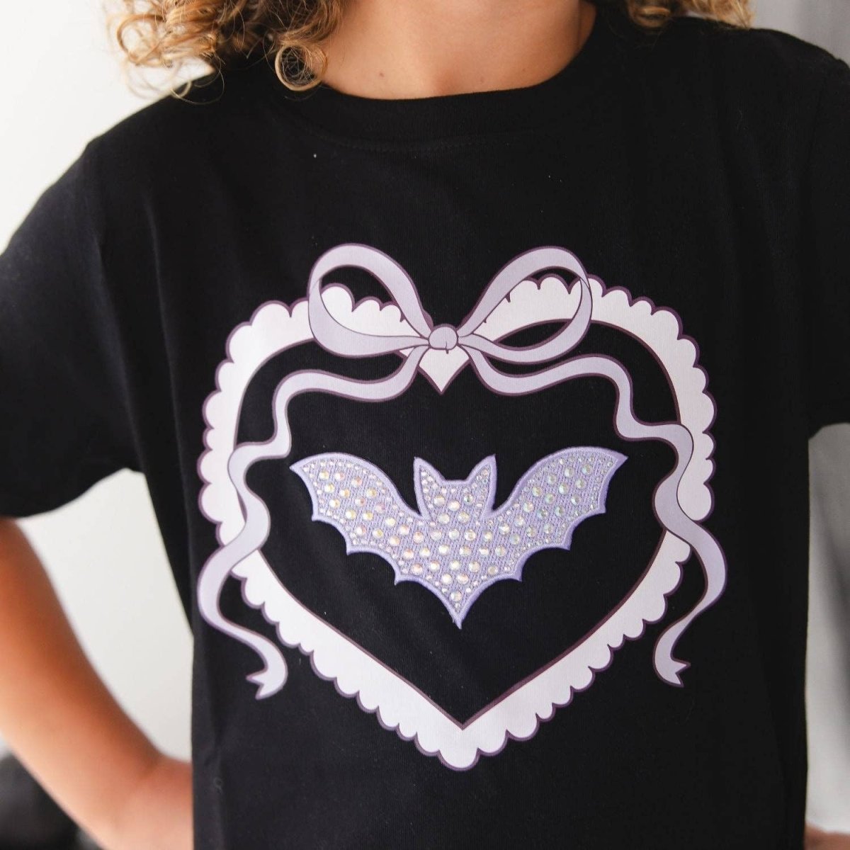 Rhinestone Bat Patch Halloween Short Sleeve T-Shirt - Sweet Wink Tops sold by Rosebud & Jo