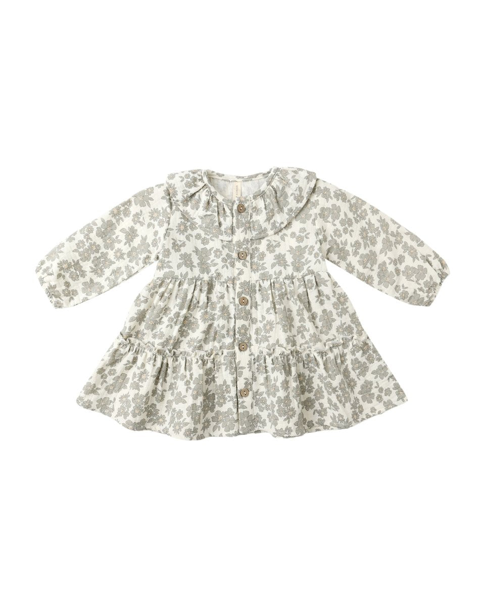 Ruffle Collar Button Dress in Green Floral - Quincy Mae Baby & Toddler Clothing sold by Rosebud & Jo
