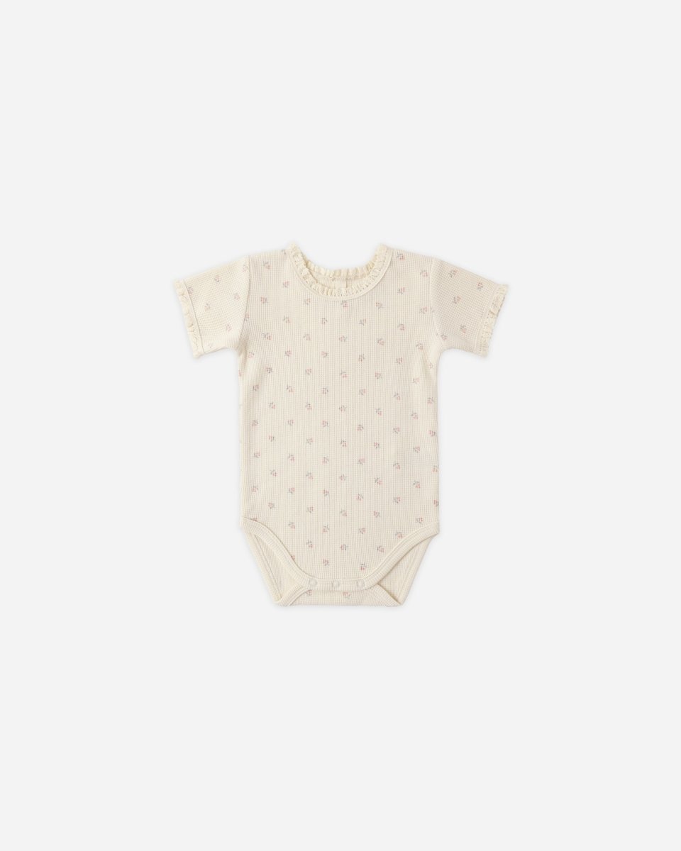 Short Sleeve Waffle Bodysuit || Mauve Ditsy - Quincy Mae Bodysuits/Onesies sold by Rosebud & Jo