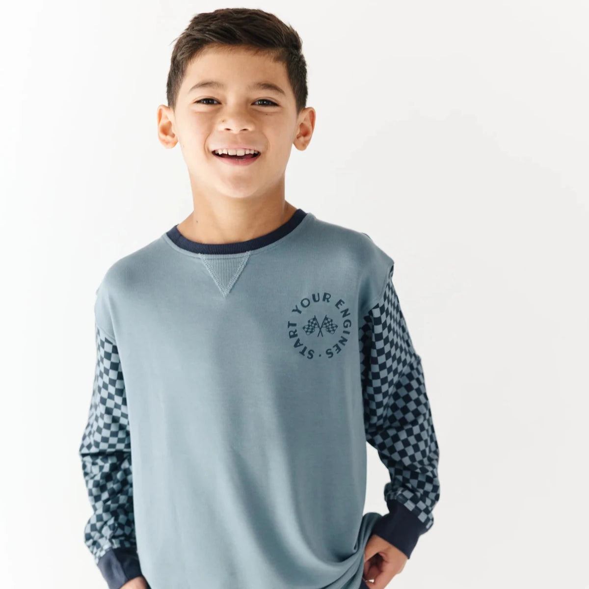 Slate Blue Start Your Engines Bamboo French Terry Pullover - Brave Little Ones Tops sold by Rosebud & Jo