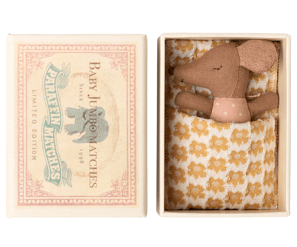 Sleepy wakey baby mouse in matchbox - Rose - Maileg Toys sold by Rosebud & Jo