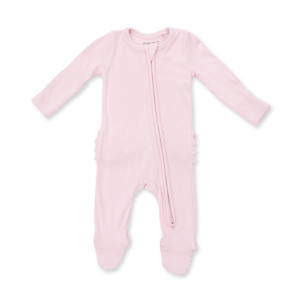 Solid Veiled Pink Rib - 2 Way Ruffle Back Zipper Footie - Angel Dear Footies sold by Rosebud & Jo