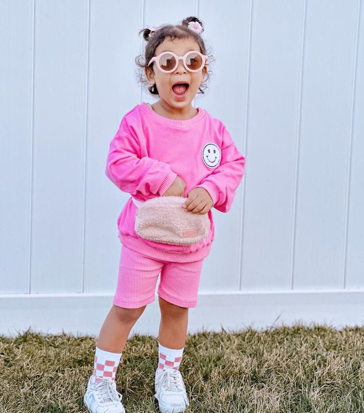 The Aspen Bag: Sherpa Light Pink Kids Belt Bag - Big Little Wish Bag sold by Rosebud & Jo