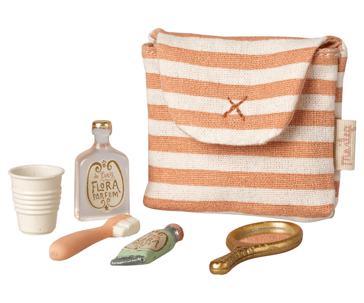 Tooth brush set in bag, Mouse - Coral stripe - Maileg Toys sold by Rosebud & Jo