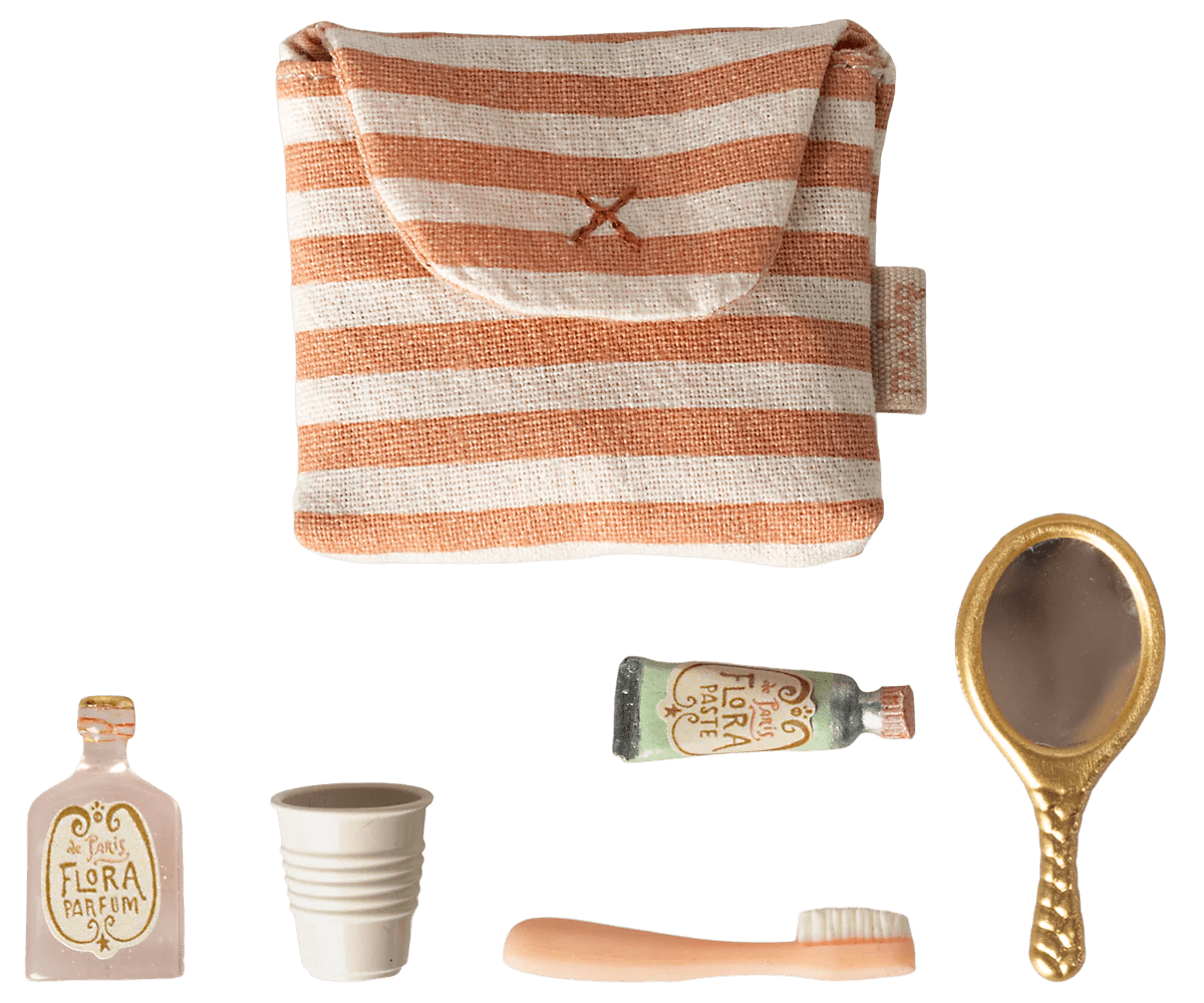 Tooth brush set in bag, Mouse - Coral stripe - Maileg Toys sold by Rosebud & Jo