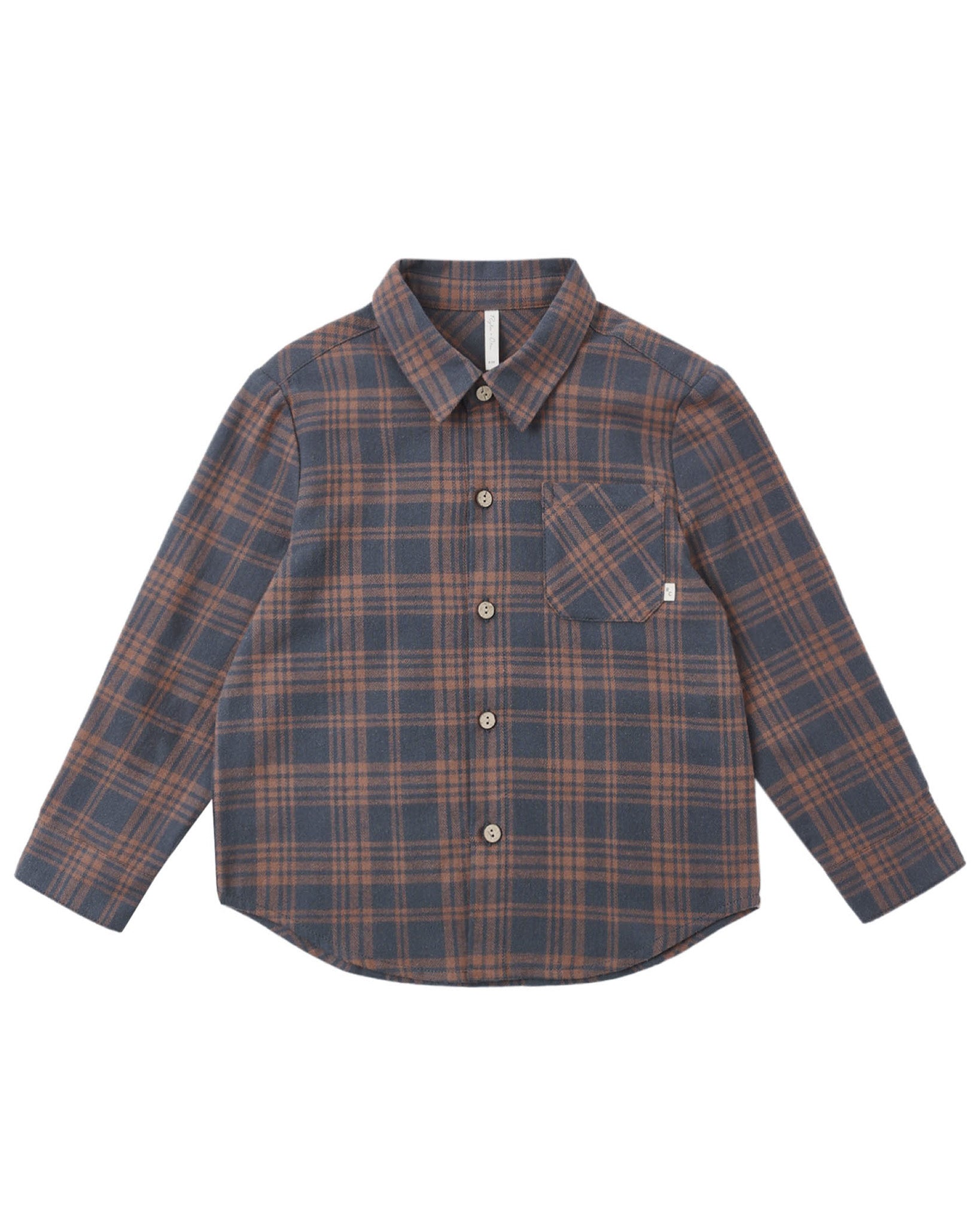 Plaid shirt with brown and blue pattern on a white background