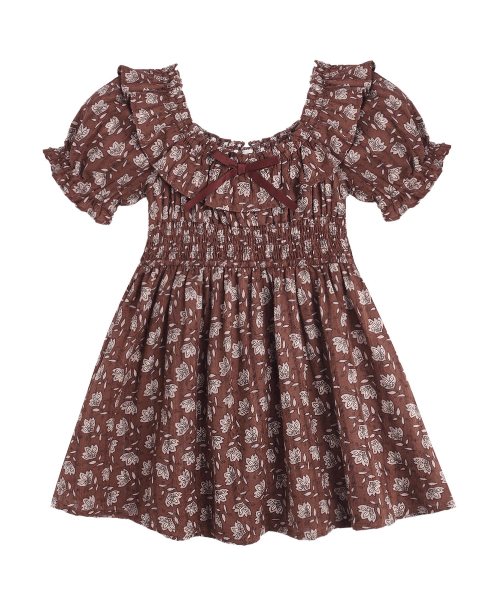 Brown floral dress with ruffled sleeves on a white background
