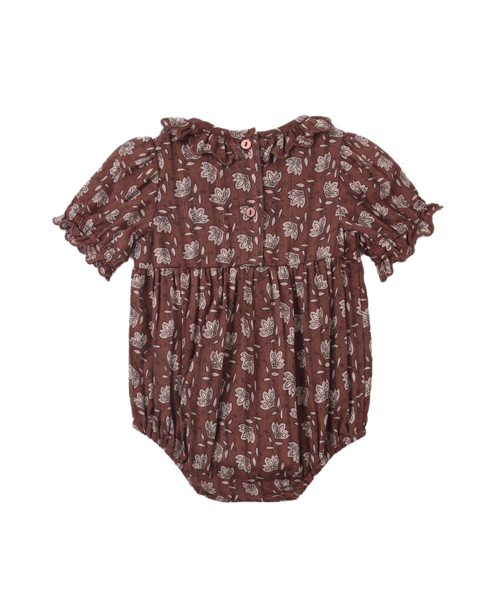 A baby romper in a dark brown color with a light beige floral pattern, featuring short ruffled sleeves and a buttoned neckline.