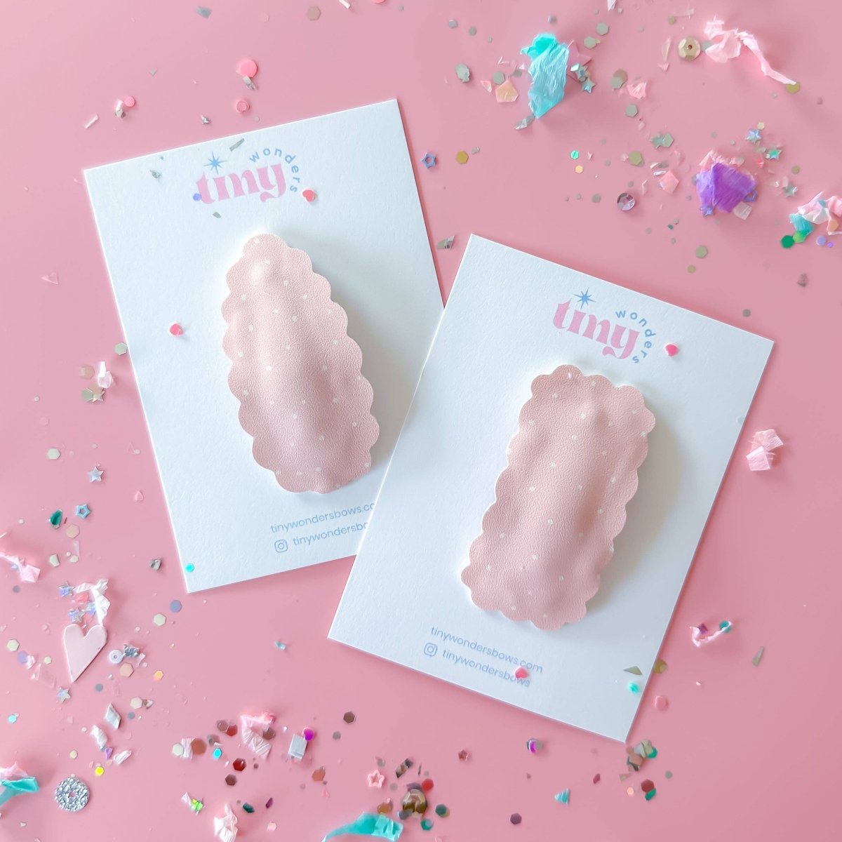 White Dots on Light Pink Faux Leather Snap Clips - Tiny Wonders Bows Hair Accessory sold by Rosebud & Jo