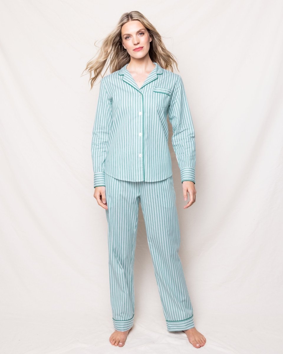 Women's Twill Pajama Set in Emerald Ticking - Petite Plume Women's Clothing sold by Rosebud & Jo